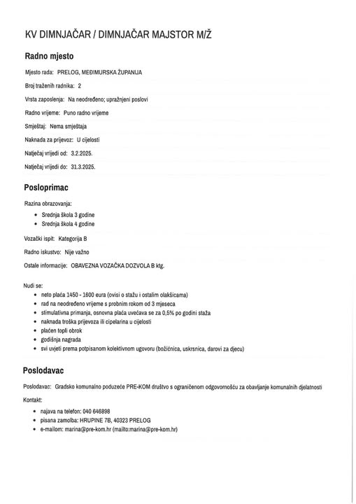 RADNO MJESTO DIMNJAČAR/DIMNJAČAR MAJSTOR M/Ž