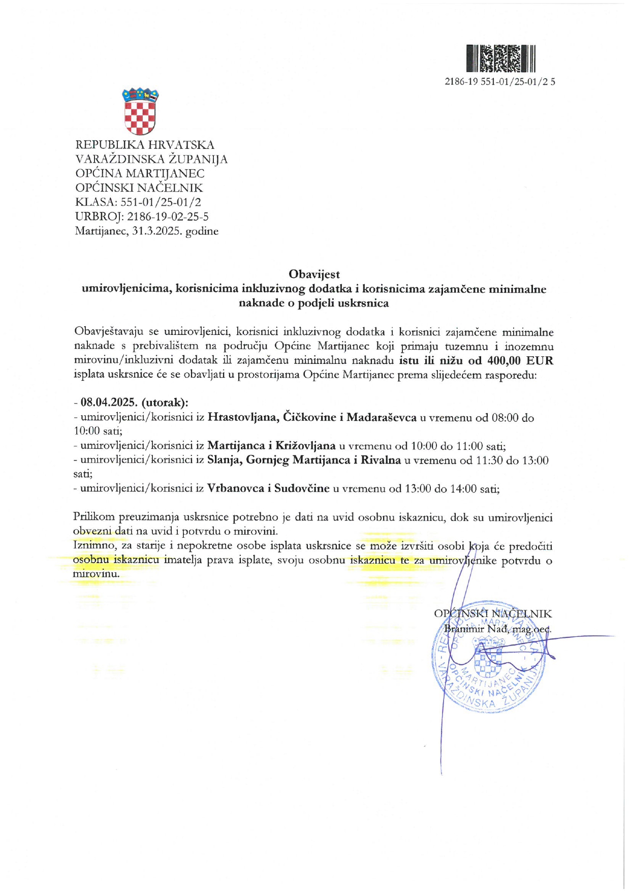 OBAVIJEST O PODJELI USKRSNICA