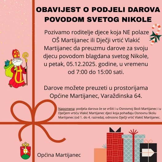 OBAVIJEST ZA RODITELJE – PODJELA DAROVA POVODOM SVETOG NIKOLE