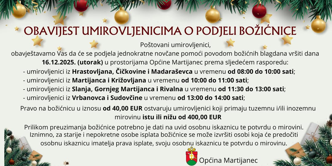 OBAVIJEST UMIROVLJENICIMA O PODJELI BOŽIĆNICA