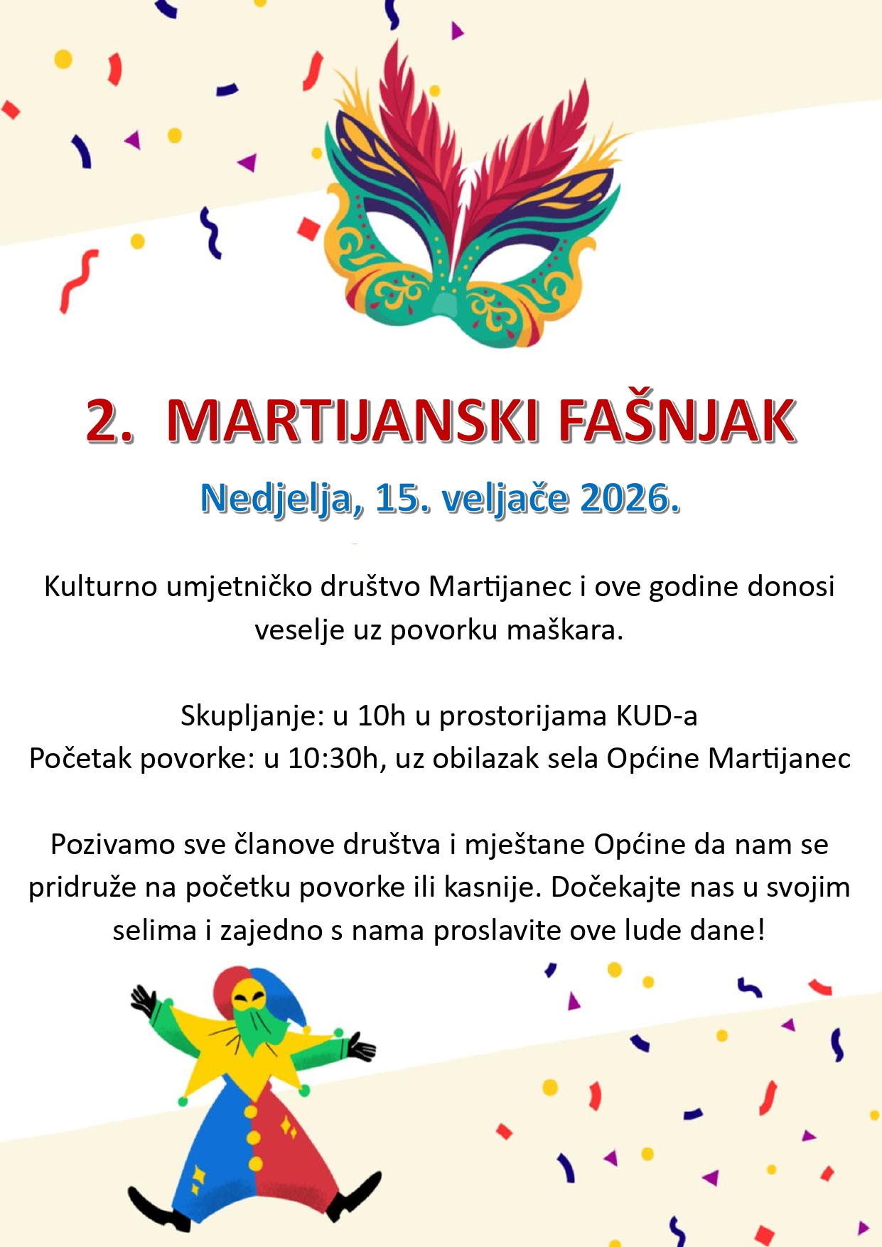 Poziv na Martijanski fašnjak u organizaciji KUD-a Martijanec