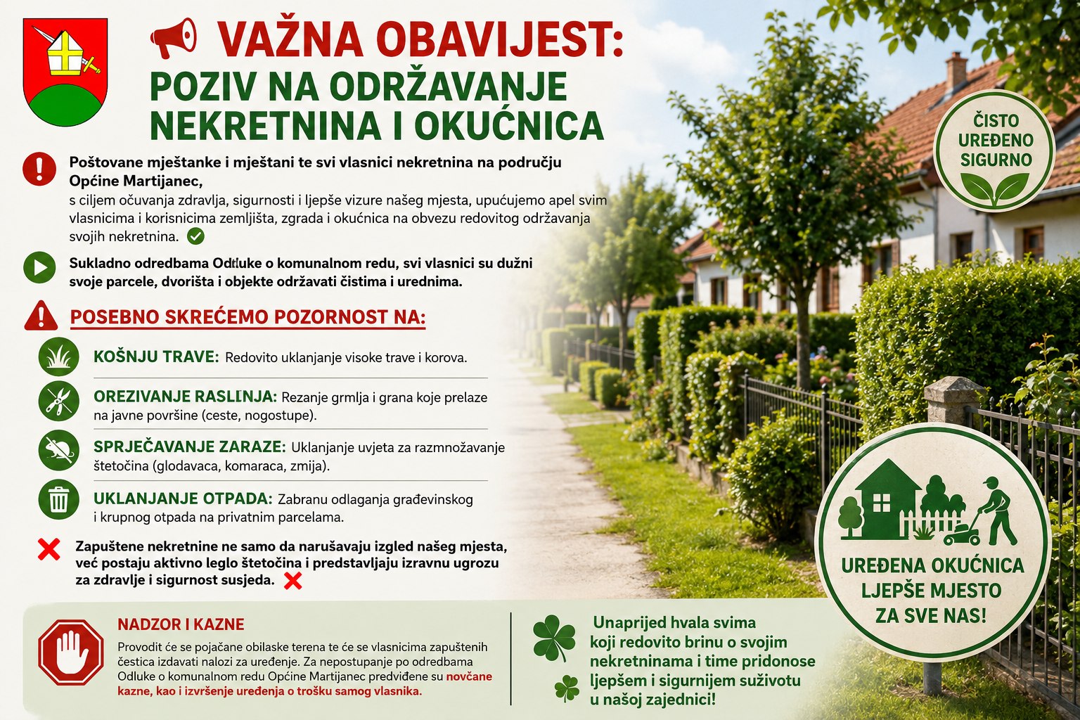 Poziv mještanima na redovito održavanje nekretnina i okućnica